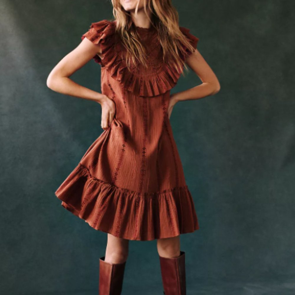 Anthropologie Ruffled Rust color Mini Dress